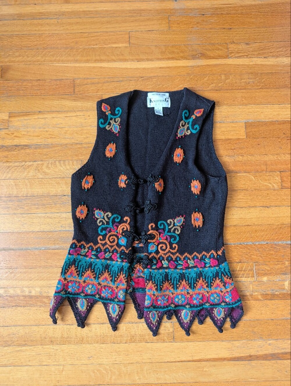 Unique Hand Knit Black Embroidered Buttoned Women's Sweater Vest